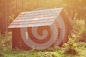 Small natural house, which is built of wood. The building is located in the forest