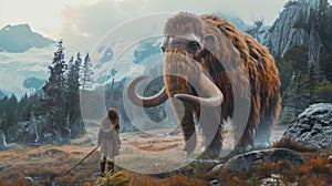 A small Neanderthal hunts a huge mammoth