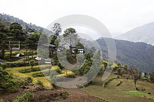 A small Nepalese village. In the foreground are cultivated rice terraces