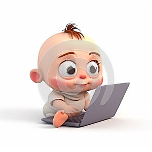 Small newborn baby in front of laptop and looking at screen, funny cute cartoon 3d illustration on white background,