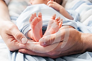 Small newborn baby legs in the hands of parents