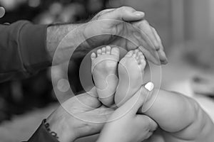 Baby`s little feet in lovely parental palms