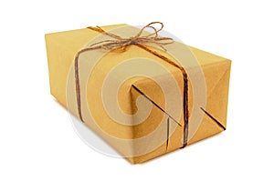 Small oblong brown paper package tied with string isolated on white