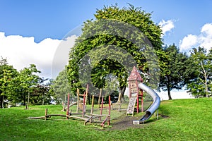 A small obstacle course and a tall magic house with a tube slide in Duthie Park, Aberdeen