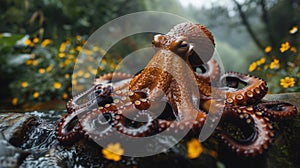 Small octopus on rock in water