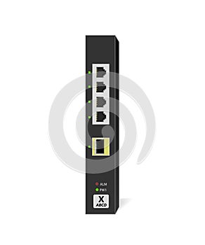 Small Office Switch SOHO with 4 10/100 / 1000Base-T ports, 1 1000Base-X SFP port in vertical orientation.