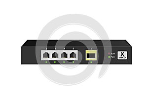 Small Office Switch SOHO with 4 10/100 / 1000Base-T ports, 1 1000Base-X SFP port in horizontal orientation.