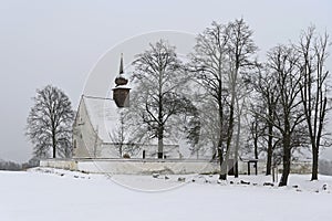 Small old chapel Brno - Veveri. Beautiful snowy landscape. Winter nature - seasonal concept