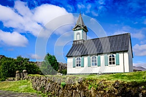 Small old church Pingvallkirkja in Thingvellir, Iceland