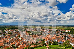 Small old city called Schriesheim viewed from Odenwald forest in Germany