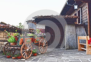 Small old colorful cart, covered with pots of flowers.