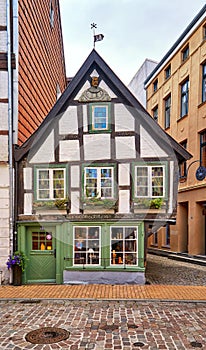 A small old half-timbered house in the old town Schwerin. Mecklenburg-Vorpommern, Germany