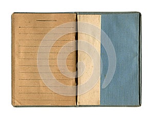 small old open notebook with vintage yellow brown lined paper and stained cloth blue cover isolated on white