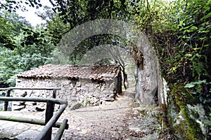 Small old stone farmhouse surrounded by paths with flagstone flo