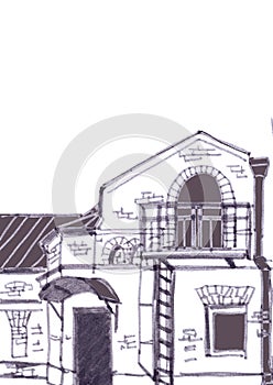 Small old two-story brick house with balcony, graphic monochrome drawing