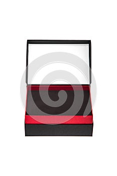 A small open black paper box with a red stripe for a gift. Gift wrapping isolate on white background