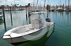 Small Open Fishing Boat Docked at a Key Biscayne Marina