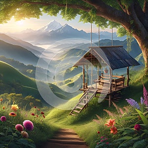 A small open hut in a lush green hill, under a big tree, beautiful mountain view, scenery, plants, wildflowers, panorama