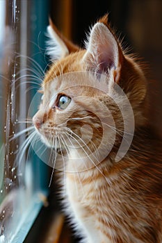 A small orange cat looking out the window