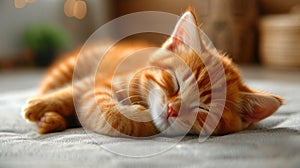 A small orange cat sleeping on a bed with its eyes closed, AI