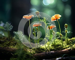 small orange flowers growing on a mossy forest floor