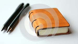 Orange Leather Bound Notebook With Two Pens