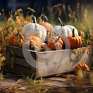 Small orange pumpkins in a wooden box in a field. Pumpkin as a dish of thanksgiving for the harvest
