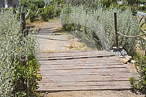 Small oranmental wooden bridge in country garden