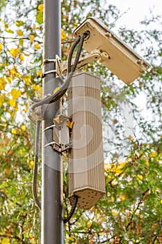 Small outdoor security camera on a lamppost