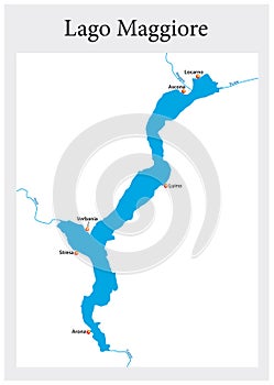 Small outline map of the upper Italian Lake Maggiore, Italy