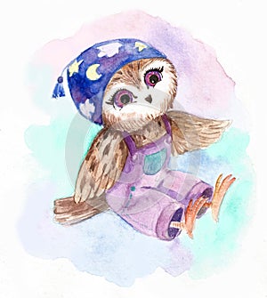 Small owl with big eyes in a blue cap watercolor illustration, print for decorating children`s clothes and for children`s rooms.