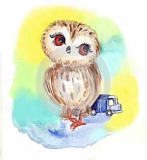 Small owl with a children`s toy truck watercolor illustrtion print to decorate children`s clothing and children`s rooms. 