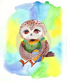 Small owl with colorful ball watercolor illustrtion print to decorate children`s clothing and children`s rooms. Bright watercolor 