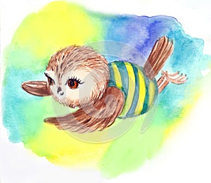 Small owl flying in striped clothes watercolor illustrtion print to decorate children. Bright textile print on a white background.