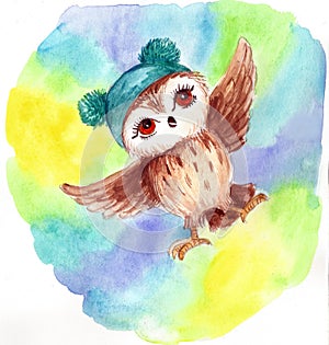 Small owl in a knitted hat with pumpone watercolor illustrtion print to decorate children`s clothing and children`s rooms.