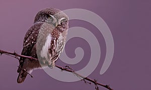 A small owl is perched on a branch