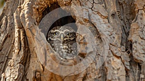 Small owl perched in tree hollow