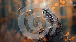 Small owl perched on a tree stump with a blurred forest