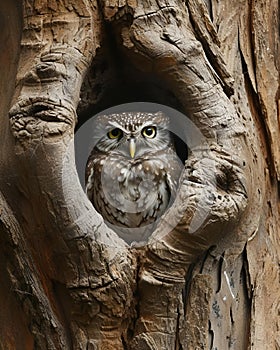 a small owl poking out from a tree's hollow