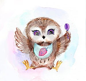 Small owl watercolor illustrtion print to decorate children`s clothing and children`s rooms. 