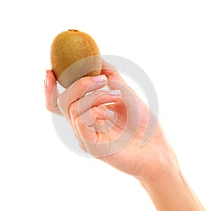 Small and packed with delicious healthiness. Cropped studio shot of a woman holding a kiwi isolated on white.