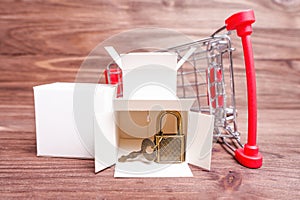 Small padlock and key in a shopping trolley