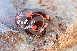 Small painted brown rock states Rest in Peace