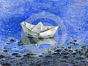 A small paper boat in the spring pool