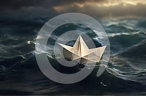 Small paper boat in stormy sea waves