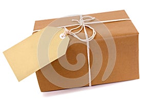 Small parcel package, manila label, isolated white background