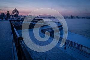 Small park near Angara river in Irkutsk city in winter season at sunset, Siberia, Russia