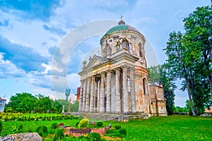 The small park surrounding St Joseph Church in Pidhirtsi, Ukraine