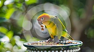 A small parrot perched on a bejeweled bird stand enjoying a serving of gourmet birdseed from a pearlembellished food photo