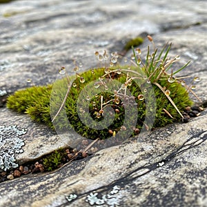 Likely from the Bryophyta division, grows on a smooth, weathered